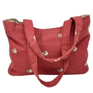 Red Chicken Embroidered Stripe Shoulder Tote Bag
